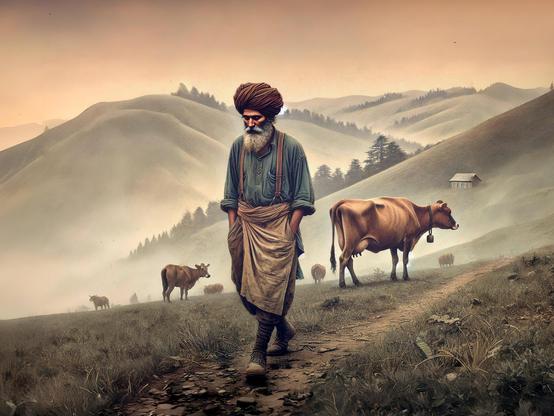 A colorized historical illustration of 'Old James,' a South Asian immigrant in 1880s Berkeley, California, walking alone through hilly terrain resembling the San Francisco Bay Area, Berkeley, or Tilden Park. He is dressed in practical, rugged farm clothing typical of a cow milker in 1880s California: a loose, long-sleeved shirt, worn trousers, and a simple apron. He wears a traditional South Asian turban, his face weathered with deep lines, and a contemplative expression, softly singing to himself. In the foggy background, a well-fed female American Jersey cow is visible, adding depth and mystique to the scene. The setting uses muted, natural tones for a vintage, lifelike look similar to historical illustrations, with no modern elements in view, evoking nostalgia.