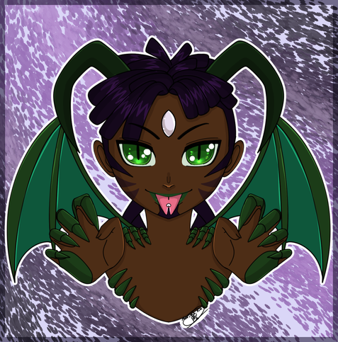 A chibi bust of a black man with his tongue out and hands up in a claw-like position. He has green eyes, curly hair, a forked tongue with a white piercing, a white forehead gem, green lipstick, bat wings, rams horns, armored fingers, and bone-like structures gripping his chest and shoulders.