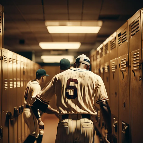 Baseball player in the locker room shirtless arguing with other players