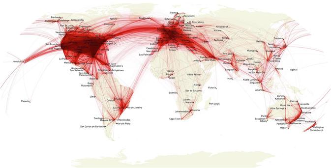 Map showing the geospatial patterns of private aviation flights in around the world 2023. (Lines depict direct connections between city pairs, considering 4.3 million flights.) (https://www.nature.com/articles/s43247-024-01775-z/figures/2)
