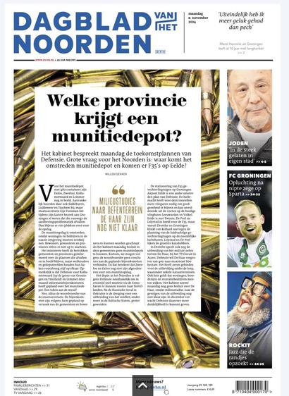 Screenshot van voorpagina van Dagblad van het Noorden van 11-11-2024 met de kop: “Welke provincie krijgt een munitiedepot?” en daaronder: “Milieustudies naar oefenterrein De Haar zijn nog niet klaar”