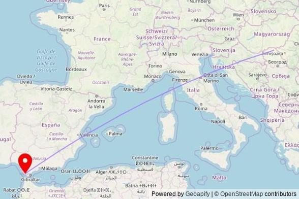 A map showing the great circle route from Coka Municipality in Serbia to a map pin at Iglesia del Divino Salvador, Calle Marqués de Tamarón, 11150 Vejer de la Frontera, Spain