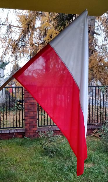 Polska flaga zwisająca ze skośnie zamocowanego trzonka. W tle trawnik zakończony płotem z cegieł klinkierowych za którymi rośnie modrzew.