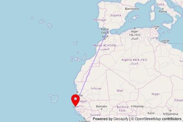 A map showing the great circle route from Vejer de la Frontera in Spain to a map pin at Tanji Mosque, Coastal Road, Tanji, The Gambia