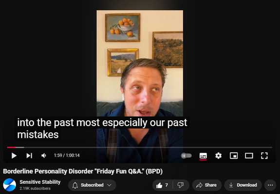 https://www.youtube.com/watch?v=rB3NFDVeav8
Borderline Personality Disorder "Friday Fun Q&A." (BPD)


51 views  8 Nov 2024
In this episode of the BPD Live Show with Sensitive Stability, host Kevin Reynolds discusses the topic "Friday Fun Q&A." Viewer Driven Questions and Comments Every Friday! As a BPD survivor himself, Kevin provides insights into his process of coaching clients through BPD, emphasizing the importance of personal connections and understanding individual stories. Please like, comment, and subscribe if you enjoyed the content, thank you!