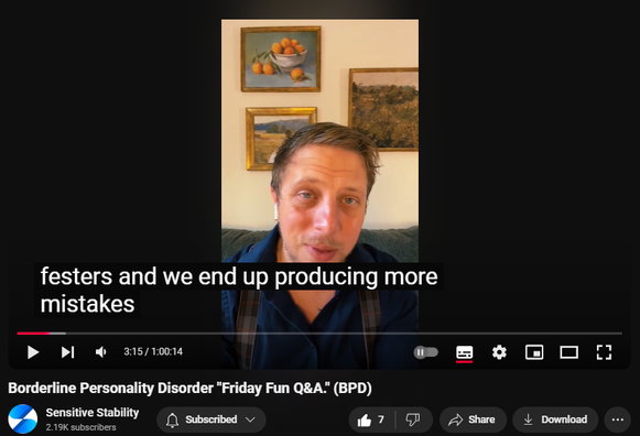 https://www.youtube.com/watch?v=rB3NFDVeav8
Borderline Personality Disorder "Friday Fun Q&A." (BPD)
51 views  8 Nov 2024
In this episode of the BPD Live Show with Sensitive Stability, host Kevin Reynolds discusses the topic "Friday Fun Q&A." Viewer Driven Questions and Comments Every Friday! As a BPD survivor himself, Kevin provides insights into his process of coaching clients through BPD, emphasizing the importance of personal connections and understanding individual stories. Please like, comment, and subscribe if you enjoyed the content, thank you!