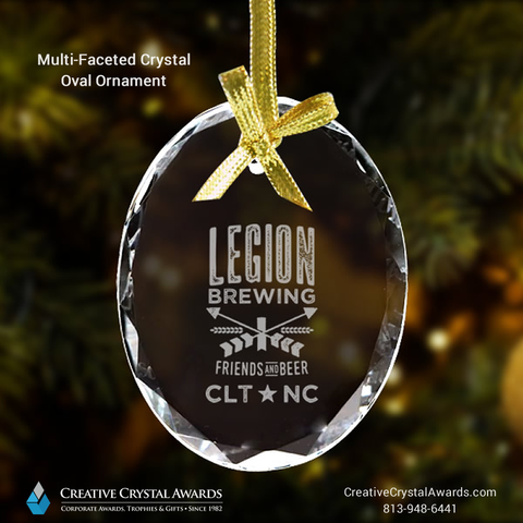 Engraved crystal ornaments, crystal suncatcher ornaments, corporate crystal holiday ornaments, personalized crystal ornaments, crystal oval ornament, faceted crystal ornament, crystal Christmas ornament, oval shaped crystal ornament, Creative Crystal Awards USA