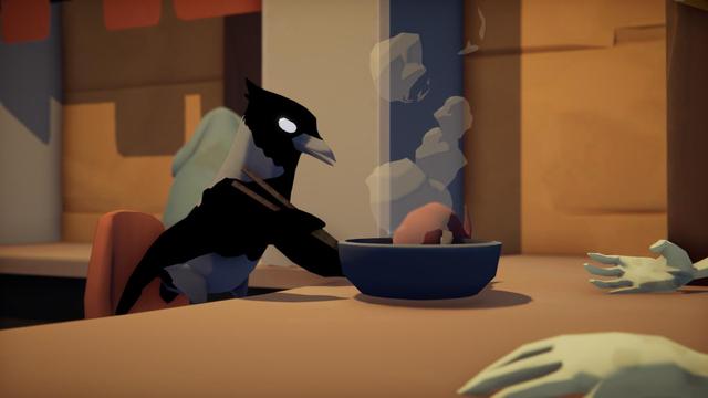 A video game screenshot. 

A crow sits down to eat a delicious bowl of steaming tentacle. Omnomnom...