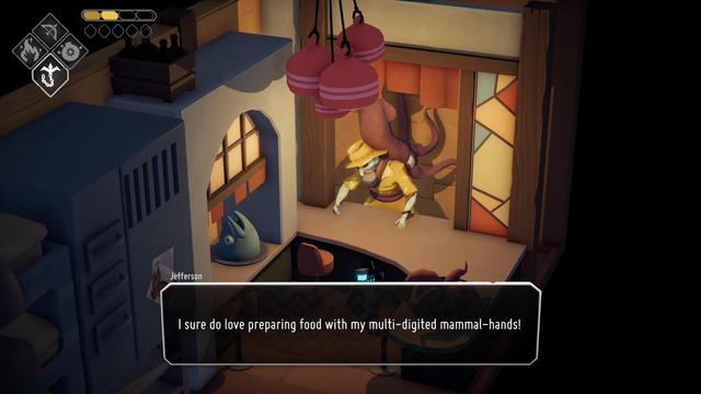 A video game screenshot. 

A pallid chef leans over the counter, his motions piloted by a squid clinging to his back. 

His dialogue reads: "I sure do love preparing food with my multi-digited mammal hands!"