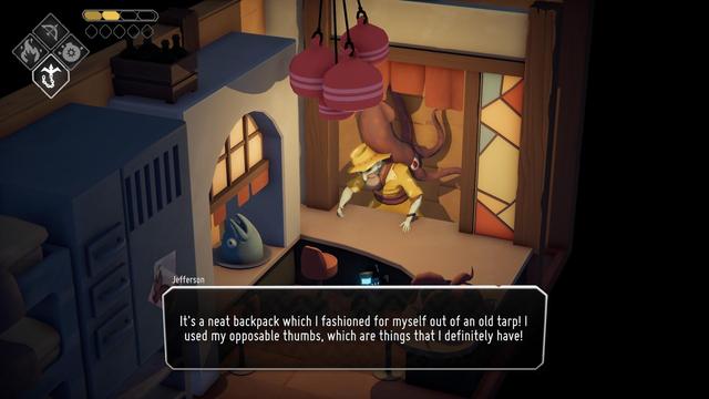 A video game screenshot. 

A pallid chef leans over the counter, his motions piloted by a squid clinging to his back. 

His dialogue reads: "It's a neat backpack which I fashioned for myself out of an old tarp! I used my opposable thumbs, which are things that I definitely have!"