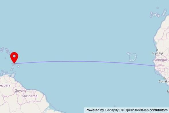 A map showing the great circle route from Tanji in Gambia to a map pin at Plateau Seaview SDA church, Plateau Road, Paix Bouche, Saint Lucia