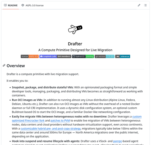 Screenshot of the README of https://github.com/loopholelabs/drafter