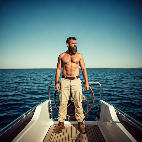 Shirtless bearded skipper on yacht in Atlantic sea in summer