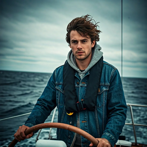 Young sailor on yacht at helm