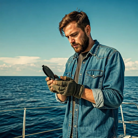 Young bearded sailor on yacht using compass in the summer.