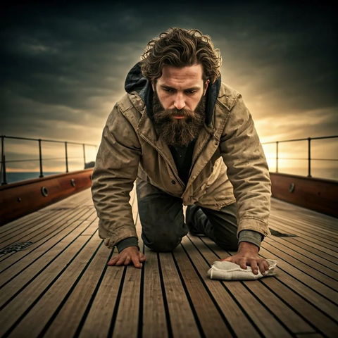 Young bearded sailor cleaning his yacht