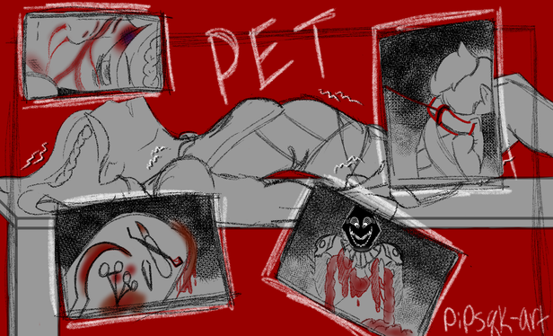 Image ID: A drawing of a half elf monk durge laying on an operating table, back arched and shaking from pain. Four scenes lay over top: A close up of her beaten and bloody face as she lay dying, a tray of bloody surgical tools, a creepy figure gleefully holding bloody intestines, and a back shot of the monk wearing a collar being pulled on by a leash. The background is bright red and the word "PET" is written in white, scratchy text. End ID.
