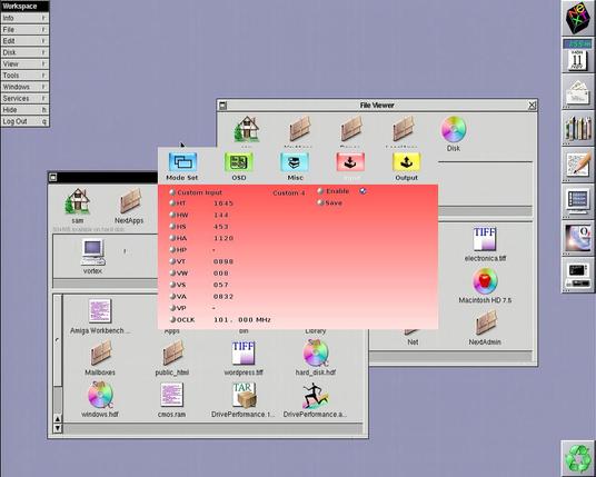 A screen capture from the video scaler in question, showing an OpenStep desktop in the background, and in the foreground, a “Custom Input” OSD from the switcher with the following values:

HT Horizontal Total                 1645

HW Horizontal sync pulse width      144

HS Horizontal active start point    453

HA Horizontal active region         1120

HP Horizontal polarity              -

VT Vertical Total                   898

VW Vertical sync pulse width        8

VS Vertical active start point      57

VA Vertical active region           832

VP Vertical polarity                -

OCLK Output clock                   101
