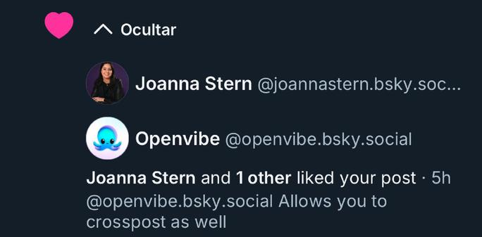 A social media notification showing that Joanna Stern and another user liked a post from Openvibe. The interface includes user avatars and the time of the interaction. // Una notificación en las redes sociales que muestra que a Joanna Stern y otro usuario les gustó una publicación de Openvibe. La interfaz incluye avatares de usuario y el tiempo de la interacción.