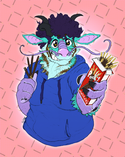 a half-body colored sketch of Tozo the dragon offering you some pocky