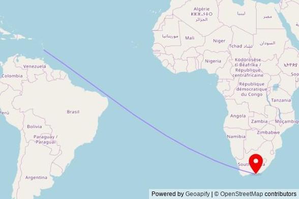A map showing the great circle route from Paix Bouche in Saint Lucia to a map pin at St Mark's Anglican Church, Voortrekker Road, Kouga Ward 4, Kouga Local Municipality, 6300, South Africa