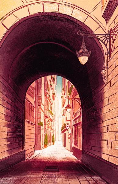 Looking through a walkway tunnel into a narrow shopping street in Barcelona, Spain.