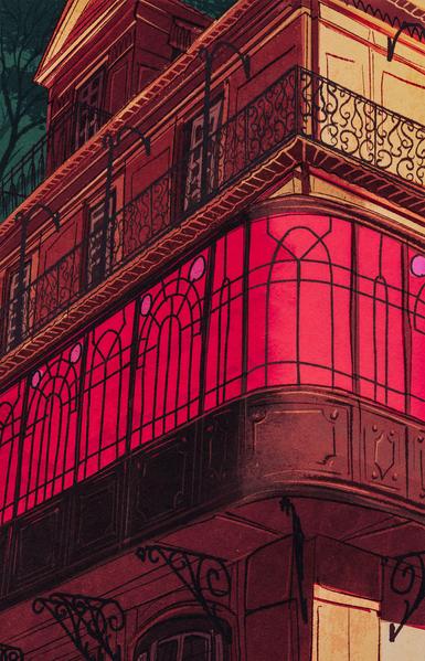 Looking up at an ornate building in Lisbon at night time. The windows are blowing a strange magenta pink/red color. There's ironwork on the balcony and under supports.