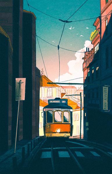 Antique tram climbing the hill of Lisbon's Bairro Alto neighborhood. Some buildings flanking either side and in the far distance behind.