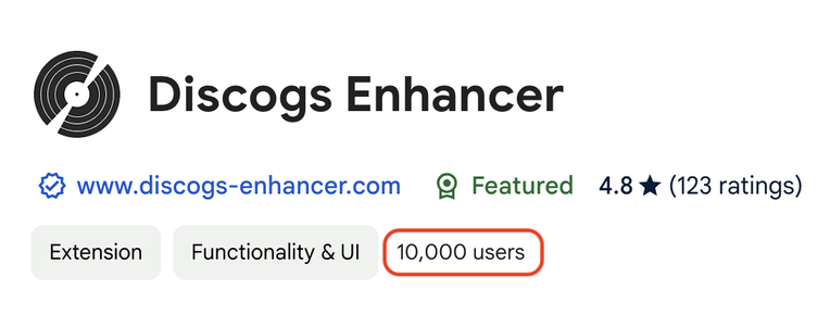 A screenshot of the Discogs Enhancer Chrome extension page from Chrome's Webstore.