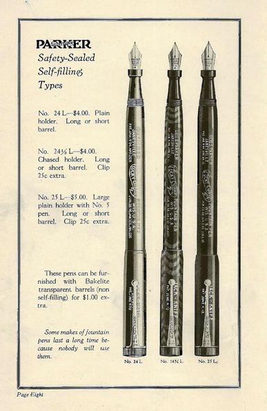 Page from a vintage Parker pen catalogue. The page shows engravings of three pens on the right side of the page, with their prices, ranging from $4.00 to $5.00 (clip, 25c extra). listed on the left.

At the bottom of the page, it reads "Some makes of fountain pens last a long time because nobody will use them."