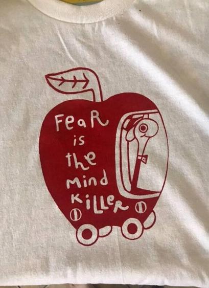 Worm inside car in the shape of an apple with the phrase 'Fear is the mind killer' on it.