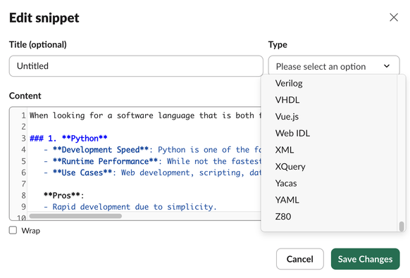 Screenshot of posting text to Slack and the drop down for file type includes "Z80" as a formatting option.