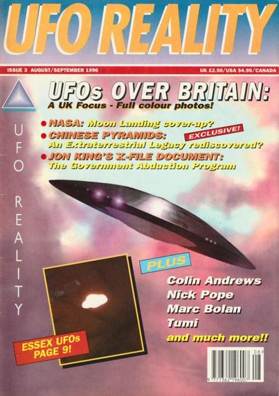 The front cover of UFO Reality Issue 3 for August/September 1996, featuring a colour illustration of a typical flying saucer type UFO and with a small photo of a purported UFO in Essex inset to the bottom left.