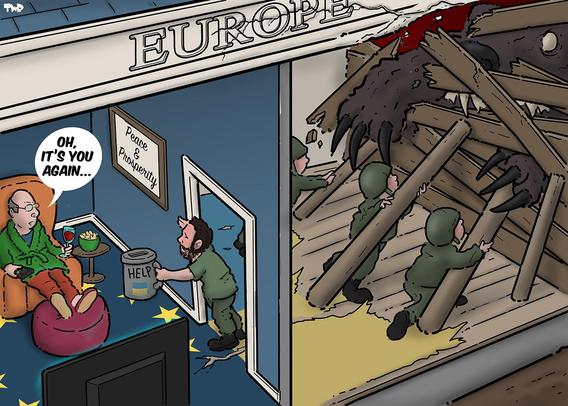 A man looking like Volodymyr Zelenskyi ask a man sitting in an appartment watching TV for a donation, on the other side of the wall in the next apartment (depicting Ukraine) A Giant Bear has its claws throught the wall trying to get in, while a few soldiers desperatley try to keep him out.
The man in the chair says; "Oh, Itś you again"