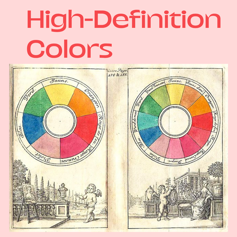 Red title " High-Definition Colors" on top on pink background.
Below image with color wheels with black lined illustrations of angels on garden, one painting and the other offering a garland to a woman. Illustrations from the 1708 edition of Traité de la peinture en mignature, an artist's manual attributed to “C.B.” (most likley to be Claude Boutet) 