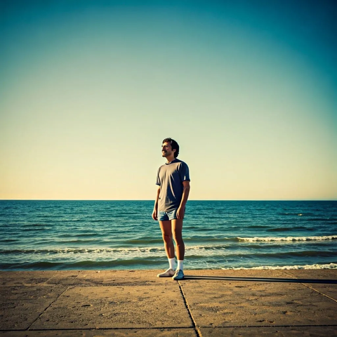 Jogger with thin moustache standing at the beach promenade wearing white socks, summer shorts and soccer t-shirt