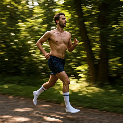 Jogger in white socks shirtless running though the forest in noon at summertime