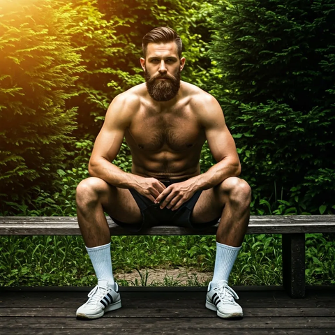 Jogger bearded in white socks and adidas sneakers shirtless sitting on a bench in a park