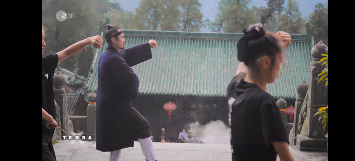 Das Bild zeigt eine Gruppe von Menschen, die Tai Chi praktizieren. Im Vordergrund sind zwei Personen in typischen Kampfkunstposen zu sehen. Eine Person trägt traditionelle Kleidung, während die andere in einem schwarzen T-Shirt gekleidet ist. Im Hintergrund befindet sich ein traditionelles Gebäude mit einem grünen Dach, das von Bäumen umgeben ist. Es sind auch einige Laternen zu sehen, die auf ein kulturelles oder religiöses Setting hindeuten könnten. Die Szene wirkt ruhig und fokussiert, typisch für eine Kampfkunstpraxis.
