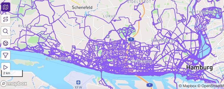 A map of Hamburg with all the streets which I’ve run on colored in purple. Taken from my CityStrides profile. 
