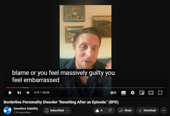 https://www.youtube.com/watch?v=1e4ha8zjwzE
Borderline Personality Disorder "Resetting After an Episode." (BPD)

68 views  11 Nov 2024
In this episode of the BPD Live Show with Sensitive Stability, host Kevin Reynolds discusses the topic "Resetting After an Episode."  As a BPD survivor himself, Kevin provides insights into his process of coaching clients through BPD, emphasizing the importance of personal connections and understanding individual stories.