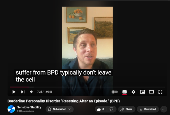 https://www.youtube.com/watch?v=1e4ha8zjwzE
Borderline Personality Disorder "Resetting After an Episode." (BPD)


68 views  11 Nov 2024
In this episode of the BPD Live Show with Sensitive Stability, host Kevin Reynolds discusses the topic "Resetting After an Episode."  As a BPD survivor himself, Kevin provides insights into his process of coaching clients through BPD, emphasizing the importance of personal connections and understanding individual stories.