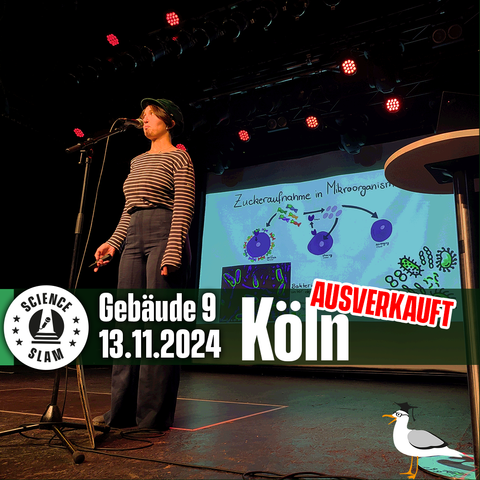 Das Bild zeigt ein Slammy auf einer Bühne bei einem Auftritt. Die Aufschrift lautet "Gebäude 9 Köln 13.11.2024 - ausverkauft".