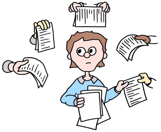 meeting evaluations are unreliable: an illustration of a skeptical person receiving forms from the hands of many people