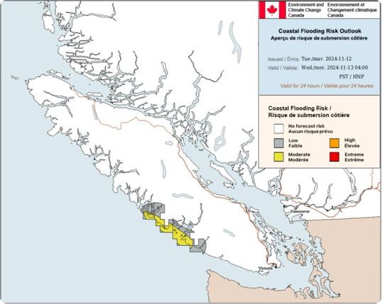Environment and Climate Change Canada’ Coastal Flooding Risk map showing a low to moderate risk of coastal flooding from Clo-oose to Tofino including Pacific Rim National Park. 