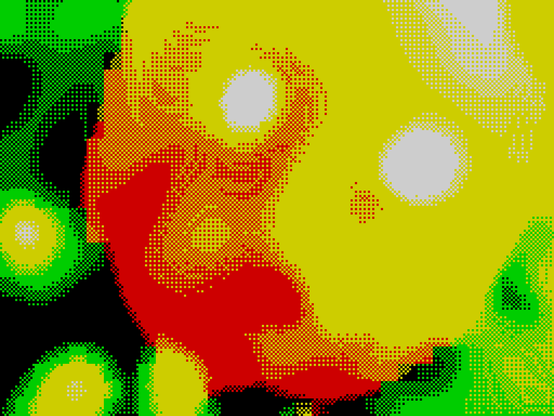 An abstract low-resolution image in bright primary colours, consisting of a mix of large yellow, red, green and white blobs on a black background, with heavy dithering evident in the areas where the blobs intersect.