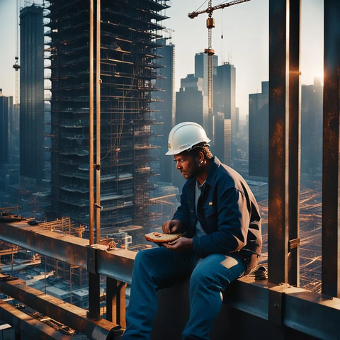 Tradie sitting and eating sandwich on steel bar high elevation in skyscraper that is being built