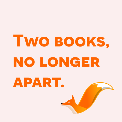 Orange text on light pink background: Two books, no longer apart.
Bottom right logomark Ethan Marcotte, an orange fox.