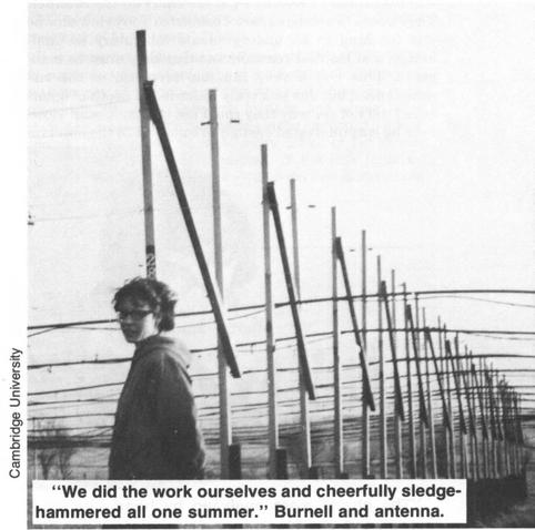 Jocelyn Bell Burnell standing next to the radio telescope array she and a colleague had built and with which she discovered a pulsar. 