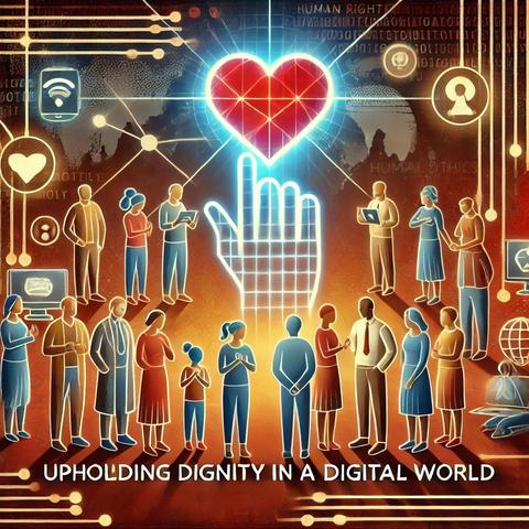 The image is representing the concept of respect and dignity in both the online and offline worlds, emphasizing human rights, tech ethics, and digital dignity.